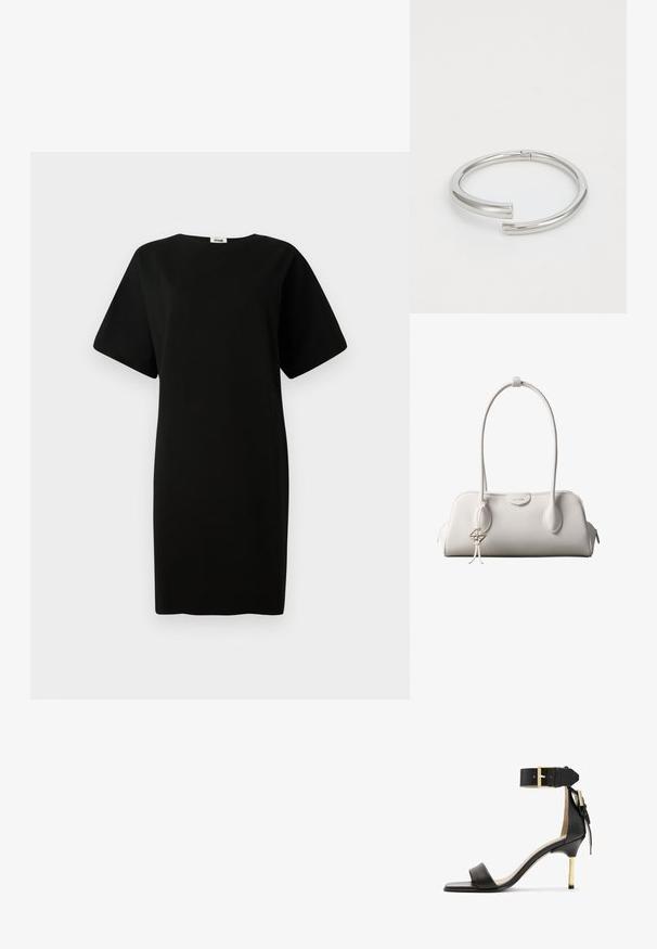Robe noire avec une coupe ample, des manches courtes et une coupe droite. Fabriquée en tissu doux et lisse avec un col rond.; Sandale à talon en cuir noir avec un bout carré, une bride de cheville dotée d'une boucle en or et un talon métallique fin. Texture lisse, design minimaliste.; Sac à bandoulière blanc Calvin Klein avec longues poignées, forme rectangulaire, fermeture éclair et charm logo décoratif suspendu près de la poignée.; Calvin Klein SPIRAL - Bracelet - silver-coloured