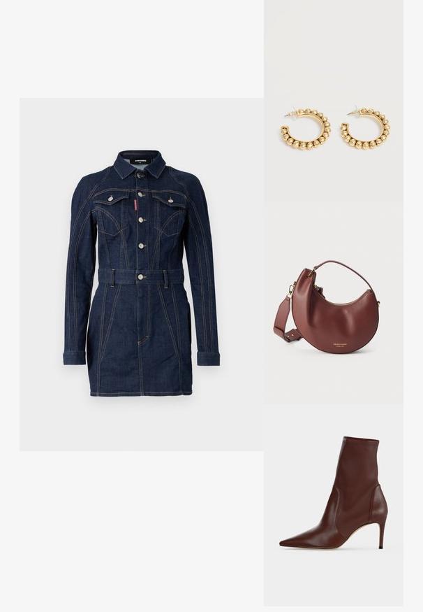 Denim jurk in donkerblauw met een strakke pasvorm, lange mouwen, kraag, voorzakken en een taille met ceintuur. Opvallende contraststiksel details.; Donkerbruine leren enkellaars met spitse neus en smalle hoge hak tegen een effen lichte achtergrond.; Bruine leren handtas in halve maanvorm met gouden ritssluiting en verstelbare schouderriem op een witte achtergrond.; Een paar gouden creolen met afgeronde kraaldetails langs de buitenrand op een lichte achtergrond.