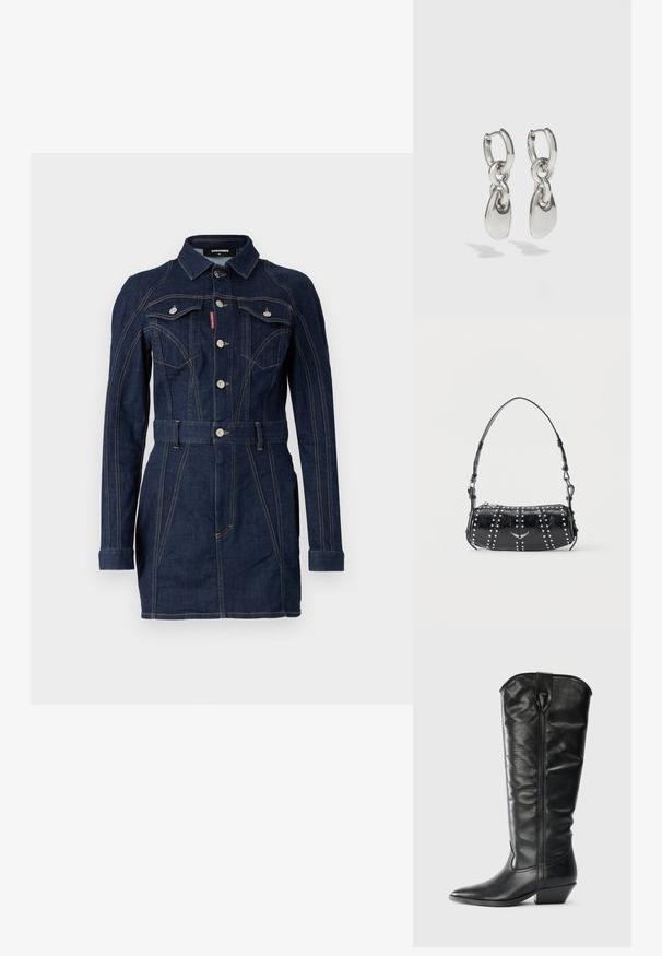 Denimkjole i mørkeblue med en tætsiddende design, lange ærmer, krave, forlommer og en livet med bælte. Bemærkelsesværdige kontraststing detaljer.; Knæhøje sorte læderstøvler med spids tå og blokhæl. Har en glat tekstur og en subtil sømdetalje foran.; Sort skuldertaske i laklæder med sølvnitter i lodrette rækker og et lille sølvfugleemblem midt på fronten.; Sølvøreringe med forlængede ovale led, der har en poleret overflade og en struktureret dråpevedhæng. Enkel design med glatte kanter.