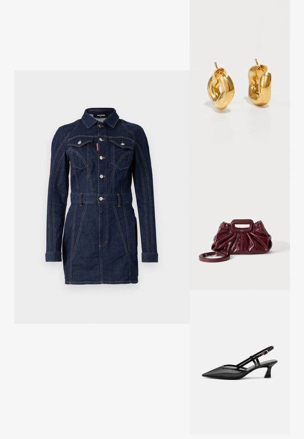 Denimkjole i mørkeblue med en tætsiddende design, lange ærmer, krave, forlommer og en livet med bælte. Bemærkelsesværdige kontraststing detaljer.; Sort spids tå slingback-sko med mesh-øverdel, tynde stropper, guldlås og lav buet hæl på hvid baggrund.; Lille mørkerød læderhåndtaske med opsamlet struktur, rektangulært håndudskåret håndtag og aftagelig skulderrem på hvid baggrund.; Chunky guld hoop øreringe med et let snoet, rørformet design og postsystem bagpå, på en hvid baggrund.