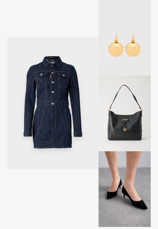 Denim jurk in donkerblauw met een strakke pasvorm, lange mouwen, kraag, voorzakken en een taille met ceintuur. Opvallende contraststiksel details.; Zwarte suède pump met spitse neus en een slanke, klassieke middelhoge hak en brede opening, afgebeeld op blote voeten tegen een grijze achtergrond.; Zwarte leren Love Moschino handtas met schouderriem, gouden hartbedel en logoplaatje aan de voorkant tegen een effen achtergrond.; Een paar glanzende gouden kerstbal-oorbellen met haaksluitingen op een effen witte achtergrond.