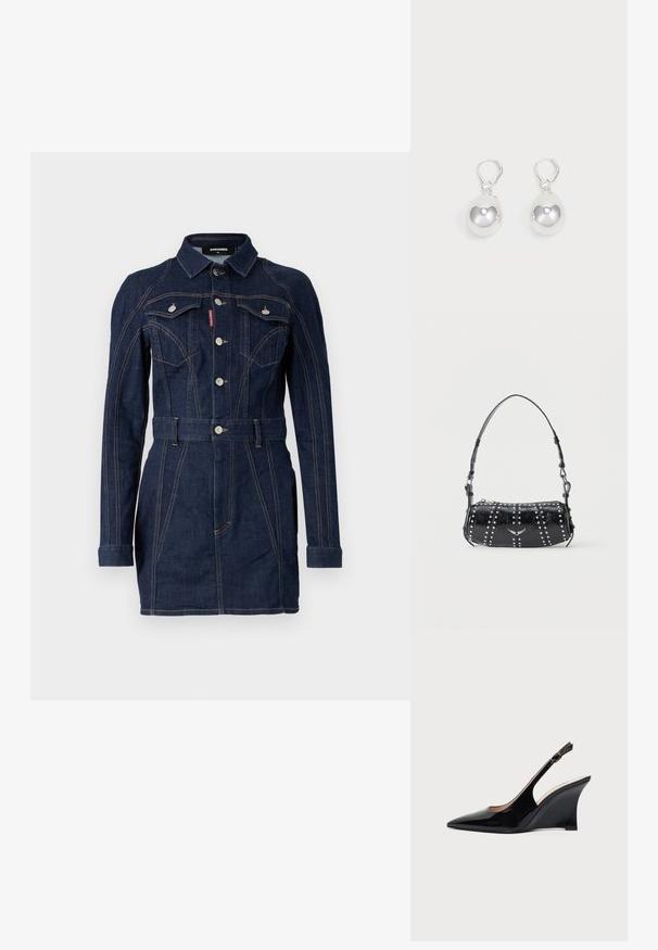 Vestido de mezclilla en azul oscuro con un diseño ajustado, mangas largas, cuello, bolsillos frontales y una cintura ceñida con cinturón. Detalles de costura en contraste notables.; Zapato negro de charol con correa trasera, tacón cuña inclinado y puntera puntiaguda sobre un fondo liso y claro.; Bolso de hombro de charol negro con tachuelas plateadas dispuestas en filas verticales y un pequeño emblema plateado de pájaro en el centro frontal.; Pendientes de plata en forma de gota con superficies redondas y reflectantes colgando de cierres de palanca. El fondo es blanco liso.