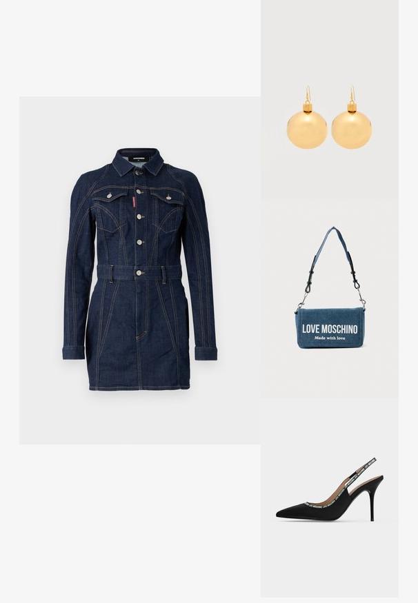 Robe en denim bleu foncé au design ajusté, à manches longues, col, poches avant et taille ceinturée. Détails de surpiqûres contrastantes remarquables.; Chaussure noire à bout pointu, bride arrière, talon haut stiletto fin avec le texte "LOVE MOSCHINO" sur la lanière et le bord.; Sac à bandoulière en denim avec sangle détachable, affichant le texte "LOVE MOSCHINO Made with love" sur le rabat avant.; Paire de boucles d'oreilles boule de Noël dorées brillantes avec fermoirs à crochet sur fond blanc uni.