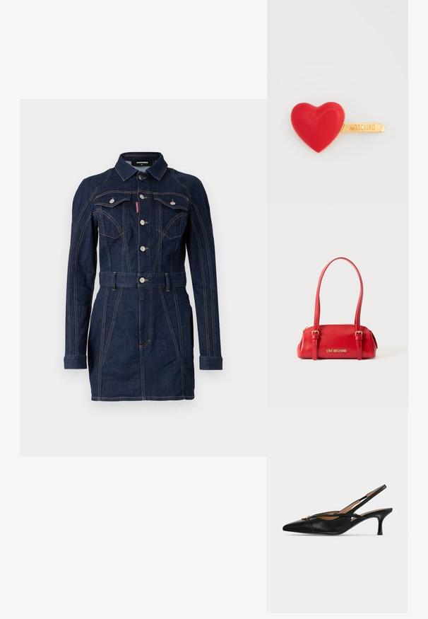 Robe en denim bleu foncé au design ajusté, à manches longues, col, poches avant et taille ceinturée. Détails de surpiqûres contrastantes remarquables.; Chaussure slingback en cuir noir à bout pointu, petit talon kitten et détail boucle dorée à l'avant.; Sac à main rectangulaire rouge Love Moschino avec deux longues bandoulières et détails de boucle en or sur un fond clair.; Pince à cheveux en forme de cœur rouge avec une finition brillante, dotée d'une pince en métal doré gravée "Moschino". Surface texturée et bords lisses.