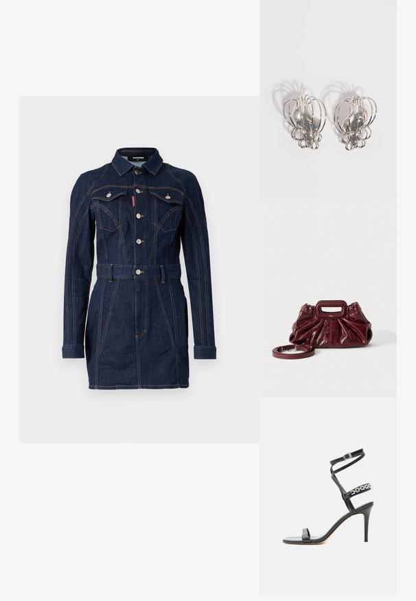 Denimkjole i mørkeblue med en tætsiddende design, lange ærmer, krave, forlommer og en livet med bælte. Bemærkelsesværdige kontraststing detaljer.; Sort højhælet sandal med tynd ankelrem, midtfodsrem dekoreret med sølvkædeled og åben tå-design.; Lille mørkerød læderhåndtaske med opsamlet struktur, rektangulært håndudskåret håndtag og aftagelig skulderrem på hvid baggrund.; Par sølvøreringe i metal med åbent trådburdesign og glatte, centrale ovale former, der kaster buede skygger på en hvid baggrund.