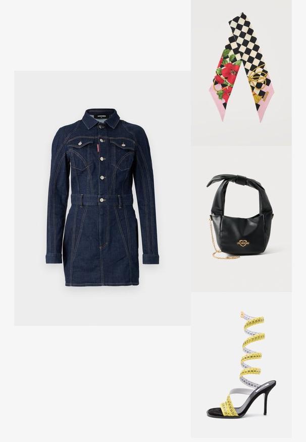 Denimkjole i mørkeblue med en tætsiddende design, lange ærmer, krave, forlommer og en livet med bælte. Bemærkelsesværdige kontraststing detaljer.; Sort højhælet sko omviklet med et snoet gult og hvidt målebånd, der spiralformet stiger opad mod en hvid baggrund.; Silketørklæde med sort-hvidt ternet mønster, røde blomster, grønne blade, guldsnor-design og pink kanter med Moschino-logo.; Sort blød læder Love Moschino håndtaske med knyttet håndtag og guldkæde-strop på hvid baggrund.