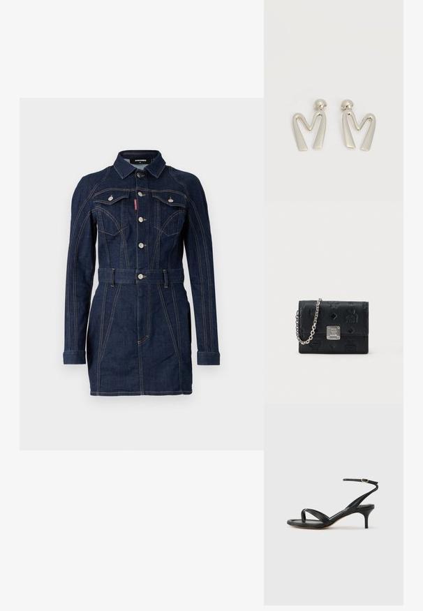 Denim jurk in donkerblauw met een strakke pasvorm, lange mouwen, kraag, voorzakken en een taille met ceintuur. Opvallende contraststiksel details.; Zwarte leren dames sandaal met dunne bandjes, een teengreep, een enkelgesp en een stilettohak van gemiddelde hoogte op een neutrale achtergrond.; Zwarte leren portemonnee met geperste MCM-logo's, zilveren metalen merkplaatje en een bevestigde zilveren kettingriem op een witte achtergrond.; Paar zilverkleurige metalen oorbellen in de vorm van een hoekige letter M met afgeronde stekers op een witte achtergrond.