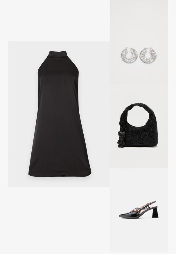 Sort halterneck kjole med tætsiddende overdel og flagrende silhuet. Lavet af glat, letvægtsstof med en ensartet tekstur.; Blanke sorte slingback hæle med spids tå og åben design, der har en blokhæl og dekorativ sløjfedetalje på remmen.; Sort taske pyntet med glitrende rhinsten, buet håndtag og lynlåslukning. Har charmerende detaljer, herunder et lille hjerte og en figur.; Sølvøreringe med flere klare krystaludsmykninger, med en struktureret overflade og et åbent rundt design.