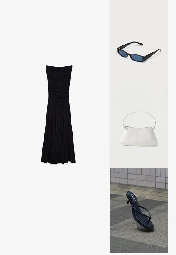Vestido maxi negro sin tirantes con textura recogida en el torso y una falda fluida y plisada. Hecho de una tela suave y elástica.; Sandalia negra de tacón con tiras flotando sobre un pavimento gris texturizado con un fondo de pared con azulejos.; Gafas de sol negras con una elegante montura rectangular y lentes azules. Presentan una textura suave y varillas resistentes. Logo de la marca en el costado.; Bolso de mano de cuero blanco tejido con asa redondeada y extremos de la correa anudados, exhibido sobre un fondo liso.