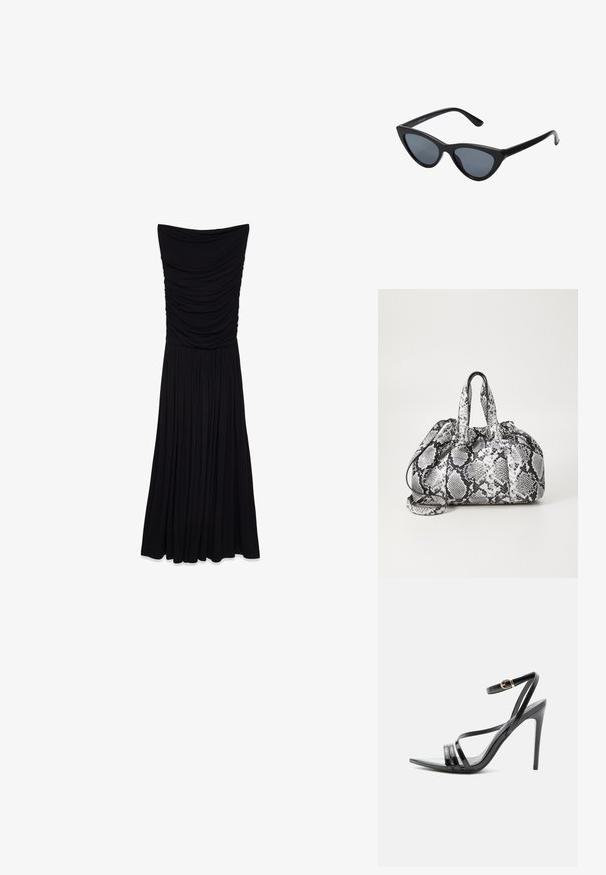 Zwarte, strapless maxi-jurk met geplooide textuur op het lijfje en een vloeiende, geplooide rok. Gemaakt van een gladde, rekbare stof.; Zwarte sandaal met hoge hak en dunne bandjes over de tenen en om de enkel, met een gouden gesp op een slanke naaldhak.; Zwarte cat-eye zonnebril met donkergrijze lenzen, slank plastic frame, puntige hoeken en rechte pootjes. Geen zichtbare hardware of accenten.; Zwart-wit handtas met slangenhuidpatroon, voorzien van twee handvaten, een trekkoordsluiting en een afneembare schouderriem. Hanteert een gladde textuur.