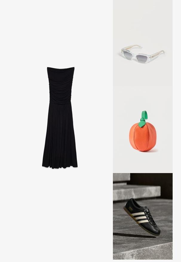 Zwarte, strapless maxi-jurk met geplooide textuur op het lijfje en een vloeiende, geplooide rok. Gemaakt van een gladde, rekbare stof.; Zwarte leren sneaker met wit ontwerp van drie strepen, gestructureerde accenten, zwarte veters en een gum zool. Merkenlogo zichtbaar op de tong.; Zonnebril met een doorzichtig montuur, grijze verloopglazen en halfdoorzichtige beige pootjes die op een wit oppervlak rusten.; Ronde oranje leren pouch in de vorm van een perzik met een groene leren lus als handvat en een bladdetail bovenop.