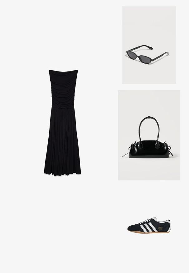 Robe maxi noire sans bretelles avec une texture froncée au niveau du buste et une jupe plissée fluide. Fabriquée dans un tissu lisse et extensible.; Sneakers en suede noir avec trois bandes blanches, logo doré et semelle en caoutchouc marron. Présente un design à lacets à profil bas.; Lunettes de soleil ovales noires avec des verres foncés et des montures fines posées sur une surface claire.; Petit sac à main noir brillant avec deux longues anses et des détails à cordon sur les côtés sur un fond clair uni.