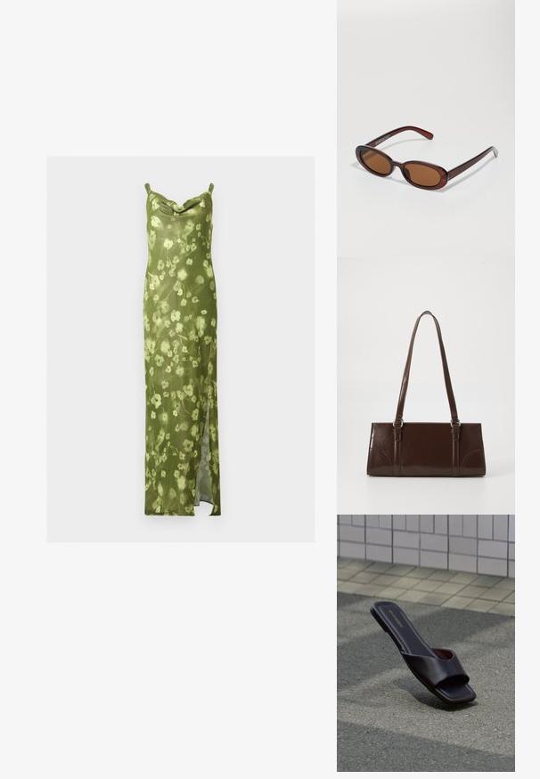 Robe nuisette florale verte à fines bretelles, col bénitier et fente latérale, en tissu léger.; Sandale slide marron foncé à bout carré et large bride, posée sur un goudron gris près d'un trottoir carrelé.; Lunettes de soleil rondes teinte brun avec une monture bordeaux brillante. Branches fines avec un détail de marque subtil. Design de verres plats.; Sac à main en cuir verni marron de forme rectangulaire, avec deux longues poignées et des accents courbés subtils à l'avant.