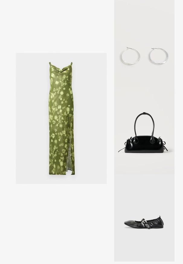 Robe nuisette florale verte à fines bretelles, col bénitier et fente latérale, en tissu léger.; Chaussure plate en cuir noir avec un nez pointu, des détails froncés autour de l'ouverture et un accent en boucle argentée sur la bride ajustable.; Petit sac à main noir brillant avec deux longues anses et des détails à cordon sur les côtés sur un fond clair uni.; Boucles d’oreilles créoles en métal argenté avec une surface lisse légèrement incurvée et des fermoirs à clapet sur un fond blanc uni.