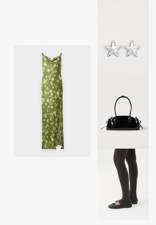 Robe nuisette florale verte à fines bretelles, col bénitier et fente latérale, en tissu léger.; Jambes portant des leggings côtelés foncés associés à des ballerines noires avec de petits détails en nœud sur fond blanc.; Petit sac à main noir brillant avec deux longues anses et des détails à cordon sur les côtés sur un fond clair uni.; Boucles d'oreilles argentées en forme d'étoile, avec une surface lisse et brillante. Chaque boucle d'oreille possède cinq pointes et des détails subtils de texture de surface.
