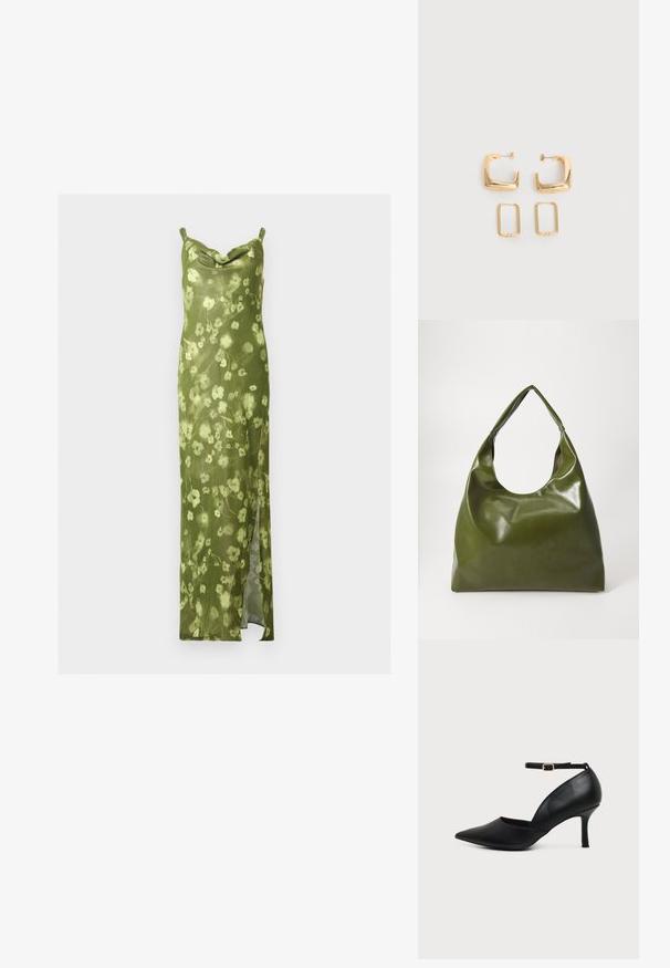 Robe nuisette florale verte à fines bretelles, col bénitier et fente latérale, en tissu léger.; Chaussure en cuir noir à bout pointu avec talon kitten, bride à la cheville et boucle dorée sur fond neutre.; Sac hobo en cuir vert au design décontracté, avec une poignée incurvée et une texture lisse. Ne contient aucun matériel ou accent visible.; Deux paires de Boucles d'oreilles créoles géométriques dorées sur une surface blanche unie, une paire carrée et pleine, une paire rectangulaire et creuse.