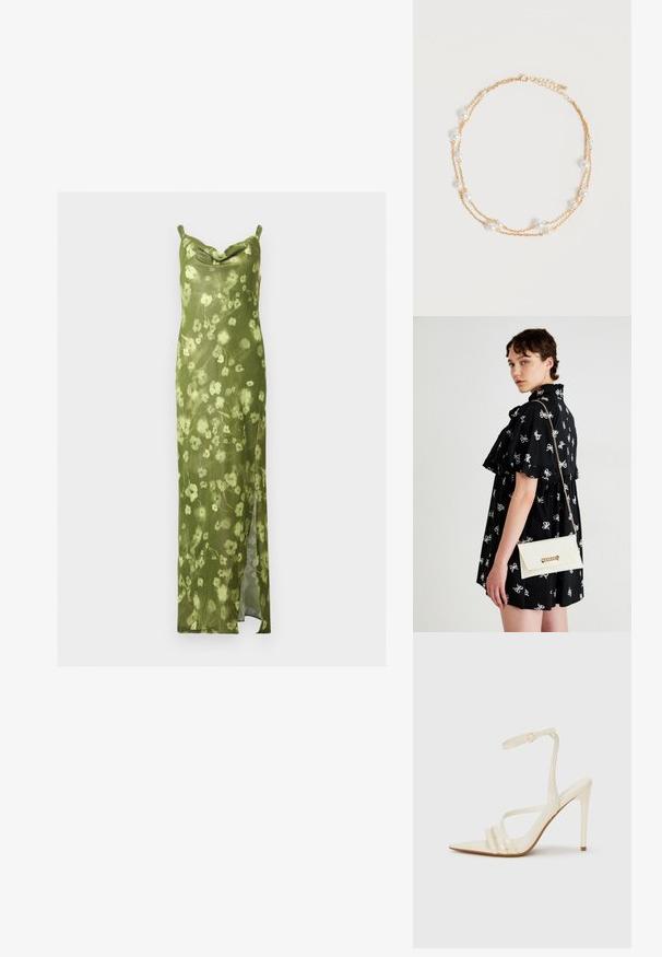Robe nuisette florale verte à fines bretelles, col bénitier et fente latérale, en tissu léger.; Sandales à talons hauts beiges avec un bout pointu, comportant trois brides à l'avant et une fine bride à la cheville avec une boucle. Texture lisse, design minimaliste.; Robe noire avec des motifs de nœuds blancs, manches courtes, volants aux épaules. Pochette blanche avec chaîne en or et fermoir, tenue dans la main droite.; Collier délicat à double chaîne en or avec de petites perles blanches espacées régulièrement sur un fond clair uni.