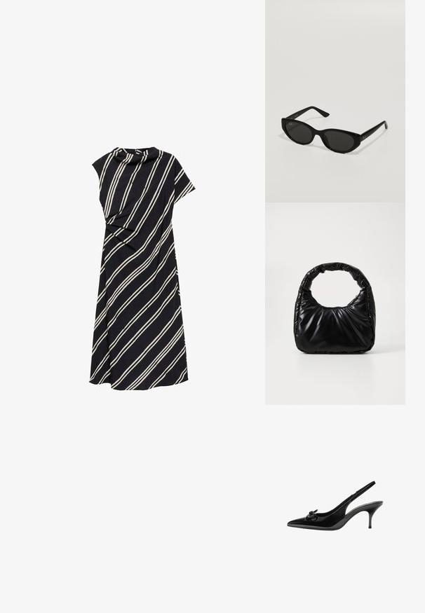 Schwarzes Kleid mit weißen diagonalen Streifen, das einen drapierten Ausschnitt und kurze Ärmel hat, gefertigt aus einem weichen, strukturierten Stoff.; Schwarze Lackleder-Slingback-Schuh mit spitzem Zehenbereich, niedrigem Absatz und einer dekorativen Schleifenapplikation an der Seite. Glatte Oberfläche.; Schwarze Sonnenbrille in schmaler Katzenaugenform. Aus glattem Kunststoff gefertigt, mit dunklen Gläsern und dezenten Logo-Akzenten an den Bügeln.; Schwarze gepolsterte Handtasche mit einem runden Griff, die eine glatte, glänzende Oberfläche und eine weiche, gestepfte Textur aufweist. Keine sichtbare Hardware oder Akzente.