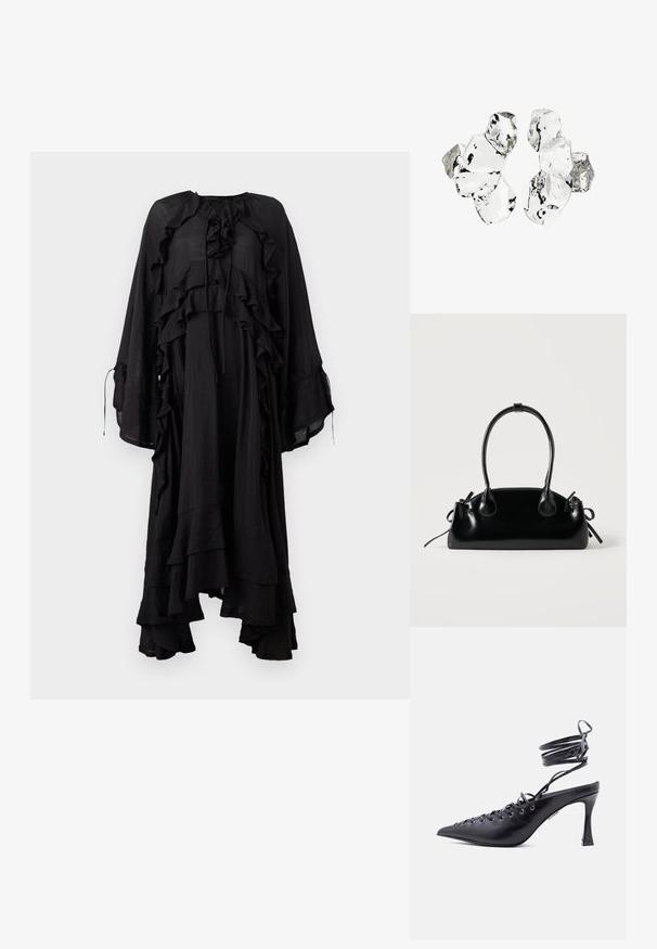 Copenhagen Muse NORMA DRESS - Maxikjoler - black; Sort spids tå højhælet sko med omsluttende ankelremme og flere snørehuller foran til snøring.; Lille sort blank håndtaske med to lange håndtag og snøre-detaljer i siden på en ensfarvet lys baggrund.; Klynge af seks uregelmæssigt formede, gennemsigtige og reflekterende glaslignende stykker arrangeret på en hvid baggrund.