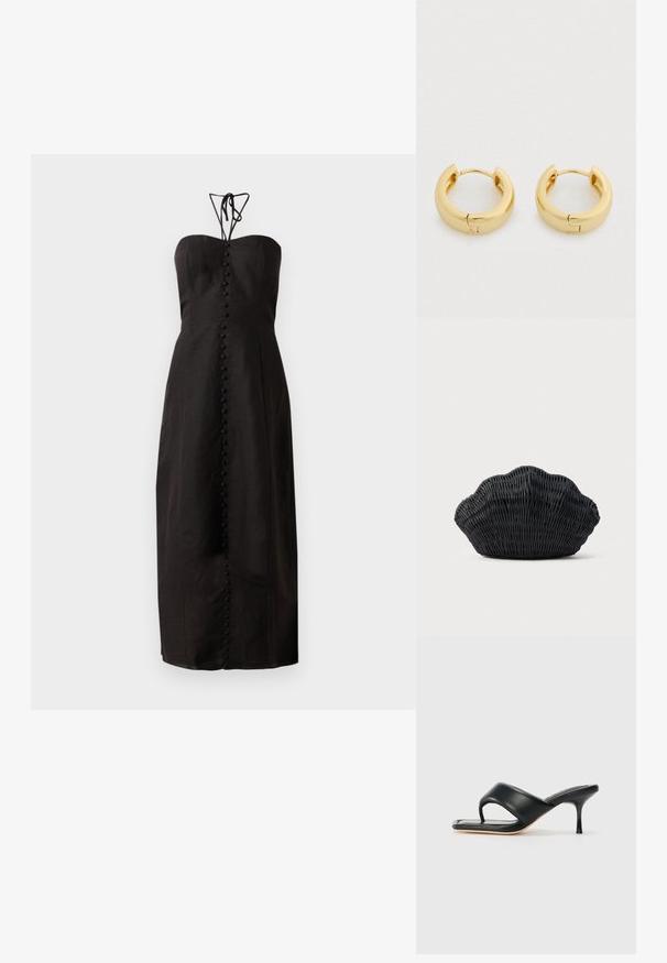 Sort strapless kjole med tætsiddende liv, lang svajende skørt og en række dekorative knapper ned ad fronten. Struktureret stof.; STAND STUDIO JESSICA - Mules med hæl - black; Sort flet håndtaske formet som en muslingeskal med en buet top og flettet tekstur på en ensfarvet baggrund.; Guldørehængere med en glat, poleret finish, cirkulær form og hængslet lukning. Designet er moderne og minimalistisk.