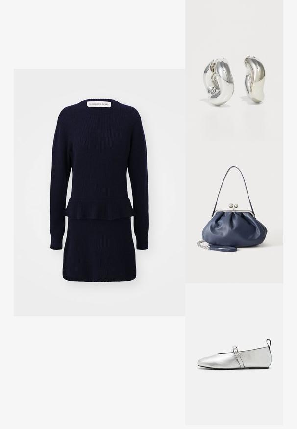 Tumed sinine kootud sviiterkleit, millel on pikad varrukad, ribakujuline tekstuur, peplum-details taljes ja ümmargune kaelus.; rag & bone SPIRE MARY JANE - Pahkluurihmadega baleriinad - silver; Pehme tumesinine nahast käekott hõbedase klambriga, ühe õlarihmaga ja eemaldatava ketiga randmerihmaga valgel taustal.; Hõbedased skulpturaalsed kõrvarõngad, millel on siledad, kaarekujulised vormid ja peegeldavad pinnad. Omavad suletud rõnga disaini ja eristuvat orgaanilist kuju.