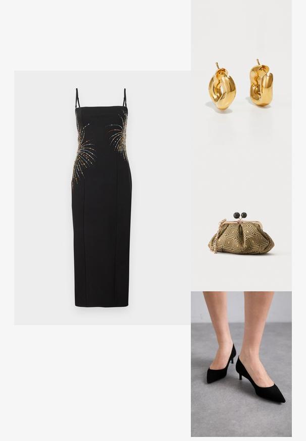Robe noire sans manches présentant une silhouette ajustée, ornée de motifs de feux d'artifice colorés en sequins sur le corsage. Texture de tissu lisse.; Talons aigus en daim noir avec un talon moyen slim et classique, et une large ouverture, présentés sur des pieds nus sur un fond gris.; Petite pochette avec motif géométrique doré et noir, cadre en métal doré, fermeture à boule noire et une courte chaîne dorée.; Boucles d'oreilles créoles en or massif avec un design tubulaire légèrement tordu et des fermoirs à tige sur un fond blanc.