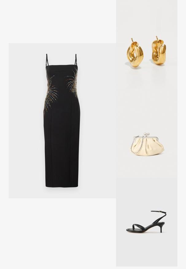 Robe noire sans manches présentant une silhouette ajustée, ornée de motifs de feux d'artifice colorés en sequins sur le corsage. Texture de tissu lisse.; Sandale pour femme en cuir noir avec fines lanières, une boucle d'orteil, une boucle à la cheville et un talon aiguille de hauteur moyenne sur un fond neutre.; Pochette en cuir beige plissé avec un cadre en métal argenté, dotée de deux fermoirs ronds décoratifs et d'une chaîne en argent.; Boucles d'oreilles créoles en or massif avec un design tubulaire légèrement tordu et des fermoirs à tige sur un fond blanc.
