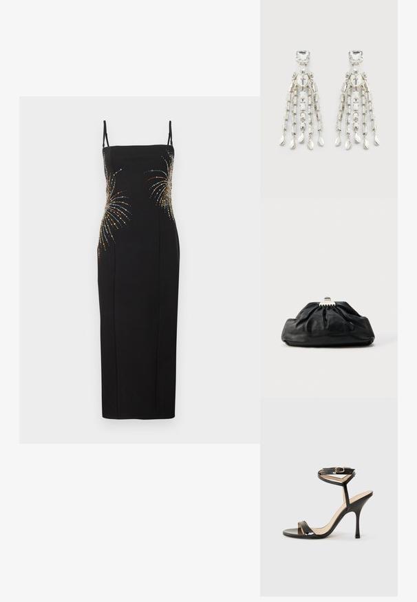Robe noire sans manches présentant une silhouette ajustée, ornée de motifs de feux d'artifice colorés en sequins sur le corsage. Texture de tissu lisse.; Sandale à talons hauts en cuir verni noir avec une fine bride de cheville et une boucle, orteil ouvert et talon aiguille mince sur fond blanc.; Pochette en cuir noir avec une texture plissée, fermeture à fermoir métallique, et logo embossé discret sur le devant. Forme arrondie.; Boucles d'oreilles en ton argenté avec des clous carrés, des perles circulaires et des chaînes pendantes se terminant par des charms en forme de goutte.