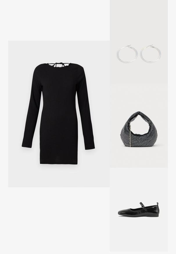 Must tehkeld dress, millel on pikad varrukad, tekstuuriga kangas, sobiv lõige ja kaela juures sidumiseks mõeldud lukk. Lihtne ja mitmekesine disain.; Mustmust musta nahk king, millel on terav nina, pahkluu rihm koos pandlaga ja sile, läikiv tekstuur. Madal konts mugavuse tagamiseks.; Must mustraga, mis on kaunistatud hõbedaste studidega, kõverate käepidemete ja kettiga rihmaga. Pehme tekstuur ja ümar kuju.; Paari läikiva hõbedase rõngaskujulise kõrvarõngastega, millel on õhukesed traatlukkud, kuvatud heleda halli taustal.