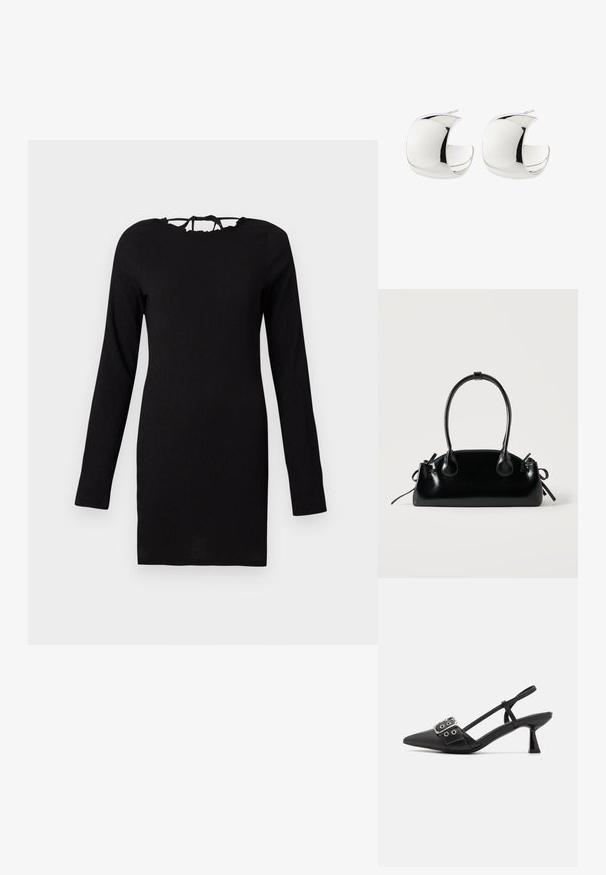 Must tehkeld dress, millel on pikad varrukad, tekstuuriga kangas, sobiv lõige ja kaela juures sidumiseks mõeldud lukk. Lihtne ja mitmekesine disain.; Simmi London DALA - Klassikalised kontsakingad - black; Väike must läikiv käekott kahe pika sangaga ja külgedel paelakinnitustega, ühel lihtsal helel taustal.; Paari poleeritud hõbedast poolkuu kujuga kõrvarõngaid nööpkinnitusega valgel taustal.