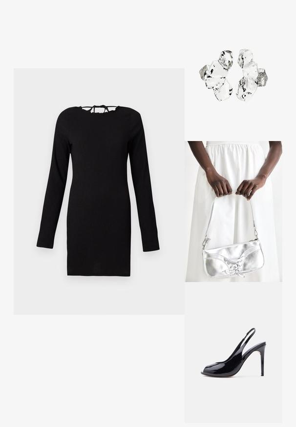 Schwarzes langärmliges Kleid aus strukturiertem Stoff, figurbetonte Passform und eine Bindeschließe am Hals. Einfaches und vielseitiges Design.; Schwarzer Slingback High Heel Schuh aus Lackleder mit Peeptoe und Stiletto-Absatz vor weißem Hintergrund.; Silberne metallische Handtasche mit Schnürdetail, die ein elegantes Design und einen kurzen Tragegurt aufweist. Die Tasche wird in den Händen gehalten und zeigt ihre Textur.; Cluster von sechs unregelmäßig geformten, transluzenten und reflektierenden glasähnlichen Stücken, angeordnet auf weißem Hintergrund.