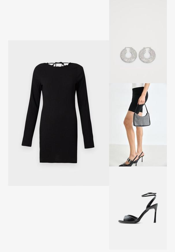 Must tehkeld dress, millel on pikad varrukad, tekstuuriga kangas, sobiv lõige ja kaela juures sidumiseks mõeldud lukk. Lihtne ja mitmekesine disain.; Must kõrge kontsaga sandaal avatud varbaga, peene kontsaga ja reguleeritava pandlaga pahkluu rihmaga valgel taustal.; Mustmust mustraha mustone, millel on kõver siluett, kandmisvõime ja läikiv tekstuur. Kandmine kõrgete kontsadega mustade kingade ja istuvate mustade lühikesed pükstega.; Hõbedased rõngaskõrvarõngad, millel on mitmeid selgeid kristallitoot.