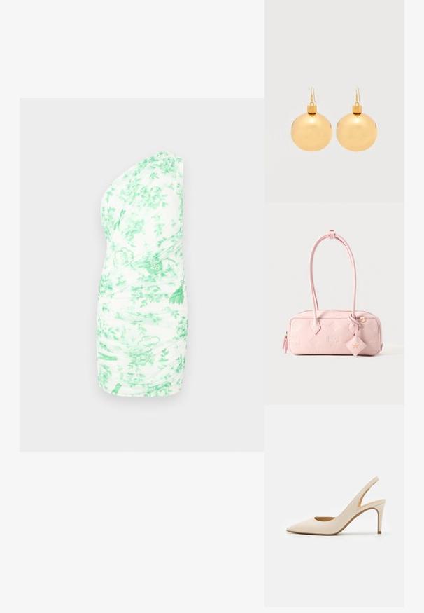 Én skulder mini kjole i hvid med grøn blomsterprint, der har rynkning, blød tekstur og tætsiddende silhuet.; Beige læder slingback-pumpe med spids tå og en tynd høj hæl. Har en udskæring ved hælen og en glat finish.; Lys rosa rektangulær håndtaske med to høje håndtag, prægede logoer og en hængende lædermærke formet som en diamant med guldemblem.; Par af skinnende gyldne julekugleøreringe med krog-lukninger på en ensfarvet hvid baggrund.