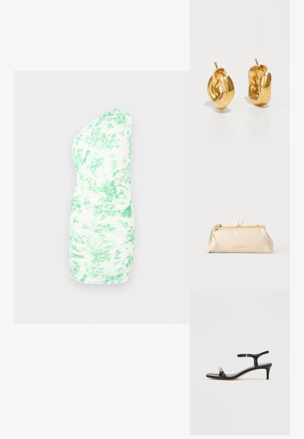 Én skulder mini kjole i hvid med grøn blomsterprint, der har rynkning, blød tekstur og tætsiddende silhuet.; Sort læder sandal med hæl og ankelrem, åben tå, firkantet front og sølvfarvede metalaccenter. Figurformet design med en slank profil.; Cremefarvet rektangulær clutch med guldfarvet metalramme, rund lås, kort rem og VALENTINO-logo på fronten.; Chunky guld hoop øreringe med et let snoet, rørformet design og postsystem bagpå, på en hvid baggrund.