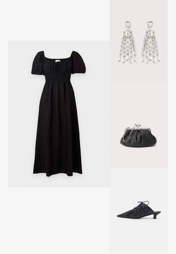 Mustmust mustr särk musta linane maksikleid, ruudukujuline dekoltee, lühikesed puffvarrukad, elastne vöökoht ja voolav seelik. Minimalistlik disain sujuva tekstuuriga.; Mustad nahast libisemisega mullingud terava varbaga, volditud tekstuuriga ja väikese kitinõelaga. Omab tõmbluku detaili avas.; Musthave musta nahast käekott, millel on volditud tekstuur, hõbedane metallraam, lukustatud sulgemismehhanism ja kett. Sile ja pehme pind.; Hõbedatooni ripatsiga kõrvaklipsid ruudukujuliste studide, ringikujuliste pärlite ja tilgakujuliste ripatsitega ahelate küljes.