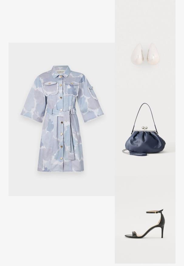 Hellblaues Denim-Kleid mit Gürtel, zwei Brusttaschen und kurzen Ärmeln. Ausgefranste Kanten und wolkenartiges Muster überall.; Schwarze Leder-high-heeled Sandale mit Knöchelriemen. Verfügt über eine glatte Textur, offene Zehen und einen dünnen Absatz. Goldfarbener Schnallenakzent.; Weiche navyblaue Ledertasche mit silberner Verschlussklammer, einem einzelnen Schulterriemen und abnehmbarem Ketten-Handgelenksriemen auf weißem Hintergrund.; Silberne Metall-Ohrringe in Tropfenform mit einer glatten, reflektierenden Oberfläche, die ein nahtloses Design und keine sichtbaren Verzierungen aufweisen.
