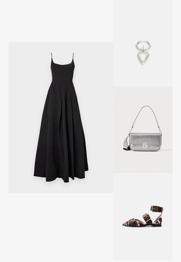 Robe noire sans manches avec un corsage ajusté et une jupe évasée. Fabriquée en tissu lisse, présentant une silhouette classique et un design minimaliste.; Sandale plate à bout pointu avec imprimé vache marron et blanc, bretelles en cuir noir et trois grandes boucles dorées, dont une autour de la cheville.; Sac à main rectangulaire en métal argenté avec surface texturée, fermeture à rabat, fermoir argenté et bandoulières amovibles sur fond blanc.; Avgvst SMALL CRYSTAL HEART SINGLE - Boucle d'oreille individuelle - silver coloured