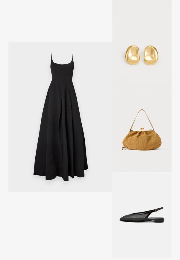 Robe noire sans manches avec un corsage ajusté et une jupe évasée. Fabriquée en tissu lisse, présentant une silhouette classique et un design minimaliste.; Chaussure plate noire à bride arrière, bout pointu, tige en mesh, bride à boucle réglable et petit talon empilé sur fond blanc.; Sac à main tressé marron avec un corps arrondi, une fermeture à bouton boule en bois, et une bandoulière fine en cuir.; Boucles d'oreilles en forme de clou de couleur or, avec une forme lisse et arrondie et une surface réfléchissante, mettant en avant un design minimaliste sans motifs visibles.