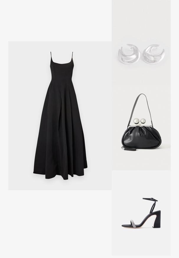 Μαύρο αμάνικο φόρεμα με στενό κορσέ και ρέουσα φούστα Α-line. Κατασκευασμένο από απαλό ύφασμα, διαθέτει κλασική σιλουέτα και μίνιμαλ σχέδιο.; Μαύρο σανδάλι με ψηλό τακούνι, λουράκι στον αστράγαλο και λαμπερό λουράκι με στρας στα δάχτυλα, σε λευκό φόντο.; Μαύρη δερμάτινη τσάντα με στρογγυλό σχέδιο, μονό λουρί, ασημένιο μεταλλικό πλαίσιο και δύο μεγάλους στρογγυλούς ασημένιους κλειδώματα.; Ζευγάρι γυαλιστερών ασημένιων σκουλαρικιών σε σχήμα μισοφέγγαρου με λεία, ανακλαστική επιφάνεια σε λευκό φόντο.