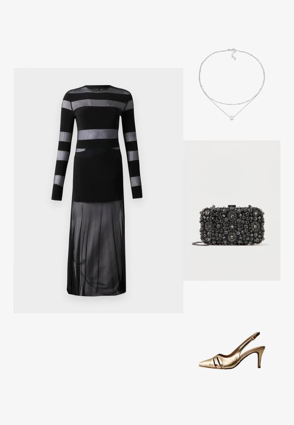 Sort langærmet kjole med gennemsigtige horisontale striber, en tætsiddende liv og en flydende gennemsigtig nederdel med en split-design. Letvægts stof.; Guldmetallic spids-tå slingback-pumpe med mellemhøj hæl og tre udskårne stropper på ydersiden.; Sort clutch-taske prydet med varierede størrelser af runde og ovale rhinesten, med en sølvfarvet kædetraspe og en låsemekanisme.; Sølvbelagt halskæde med to kæder, hvoraf den ene har små perler, og den anden har en central, rund, iriserende perle.