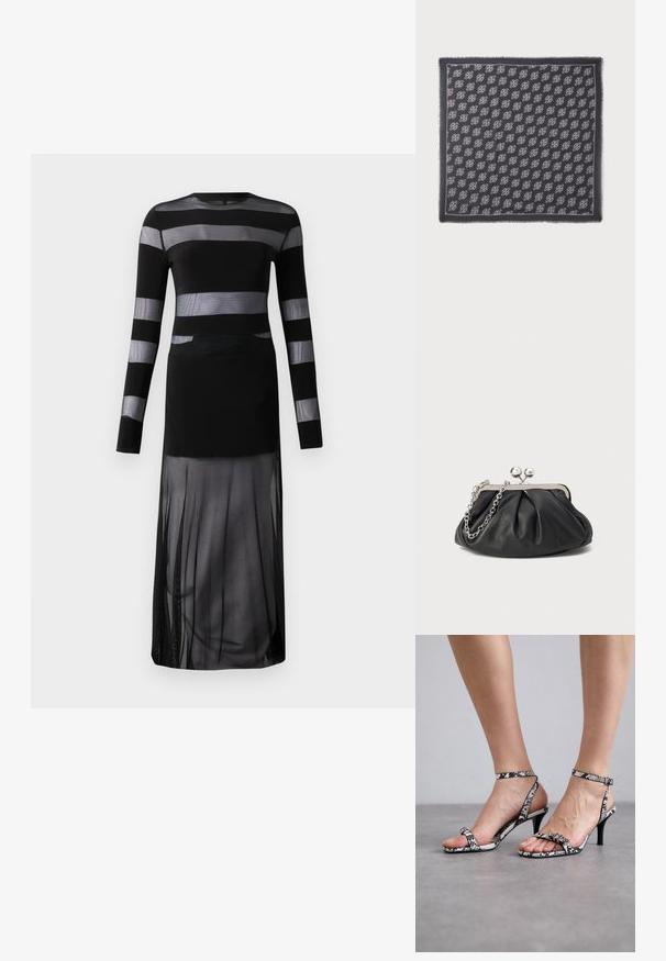 Vestido negro de manga larga con rayas horizontales transparentes, un corsé ajustado y una falda fluida y transparente con un diseño de abertura. Tejido ligero.; Sandalias de tacón alto con estampado de piel de serpiente en blanco y negro, con tiras delgadas y un pequeño detalle de hebilla. El tacón es esbelto y puntiagudo.; Pañuelo cuadrado gris oscuro con patrones geométricos blancos intrincados y repetitivos y un borde blanco fino, con bordes sutiles de flecos.; Clutch de cuero negro con textura arrugada, marco de metal en tono plateado, cierre de beso y cadena para colgar. Superficie suave y lisa.