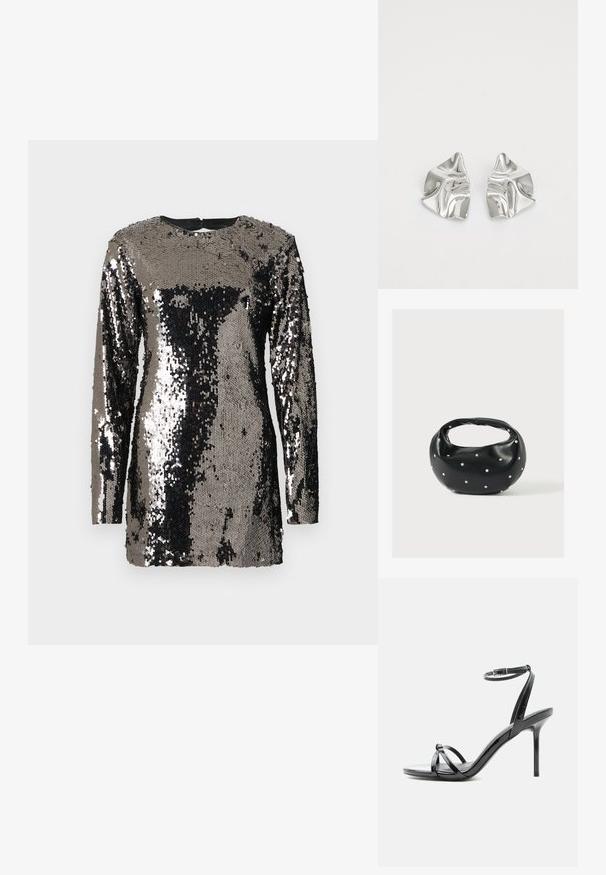 Robe à manches longues en sequins noirs et argent, avec un décolleté rond et une silhouette ajustée. Texture lisse avec des qualités réfléchissantes.; Sandale à talon haut en cuir verni noir avec de fines lanières croisées sur les orteils et une sangle à boucle à la cheville sur fond blanc.; Sac à main en cuir noir de forme arrondie, décoré de clous argentés et équipé d'une poignée courte. Texture lisse et fermeture éclair.; Boucles d'oreilles en métal argenté avec un design ondulé et sculptural, présentant une finition polie et des formes irrégulières, mettant en valeur une esthétique contemporaine.