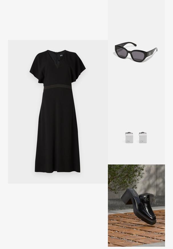 Schwarzes Kleid mit V-Ausschnitt, kurzen, schwingenden Ärmeln und einem kontrastierenden horizontalen Band in der Taille. Aus einem glatten, fließenden Stoff gefertigt.; Schwarze Leder-Slip-on-Mule von Calvin Klein mit Blockabsatz, die auf Holzfliesen im Freien nahe einer grünen Pflanze und einer grauen Wand ruht.; Schwarze Sonnenbrille mit einem schlanken, kantigen Design, dunklen Gläsern und einem kontrastierenden silbernen Logo an der Seite. Glatte Kunststoffoberfläche.; Silberne quadratische Manschettenknöpfe mit polierter Oberfläche, auf der einen Seite mit den eingravierten Buchstaben "CK" und einer abgerundeten Detailgestaltung an der Oberseite.