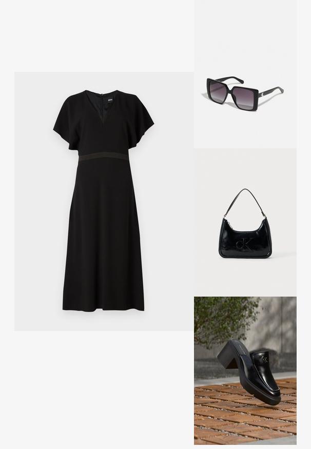 Zwarte jurk met een V-hals, korte fluttermouwen en een contrasterende horizontale band op de taille. Gemaakt van een gladde, vallende stof.; Zwarte leren Calvin Klein slip-on mule met blokhak rustend op houten tegels buiten, vlak bij een groene plant en een grijze muur.; Zwarte vierkante zonnebrillen met gradiënt grijze lenzen. Glanzende monturen met strakke lijnen. Zilveren logo-accent op de veren.; Zwarte gepatenteerde leren handtas met een gebogen bovenhandgreep, ritsafsluiting en reliëf "cK" logo aan de voorkant. Gladde textuur, gestructureerde vorm.