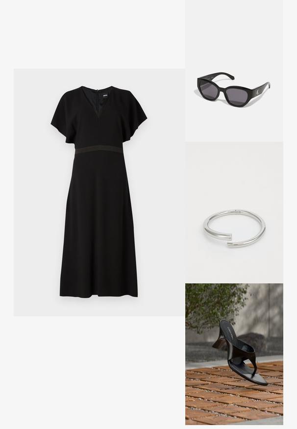 Schwarzes Kleid mit V-Ausschnitt, kurzen, schwingenden Ärmeln und einem kontrastierenden horizontalen Band in der Taille. Aus einem glatten, fließenden Stoff gefertigt.; Schwarze Calvin Klein Riemchensandale mit Absatz, schwebend über einer gefliesten Außenfläche mit Grünpflanzen und einer Betonwand im Hintergrund.; Schwarze Sonnenbrille mit einem schlanken, kantigen Design, dunklen Gläsern und einem kontrastierenden silbernen Logo an der Seite. Glatte Kunststoffoberfläche.; Calvin Klein SPIRAL - Armband - silver-coloured