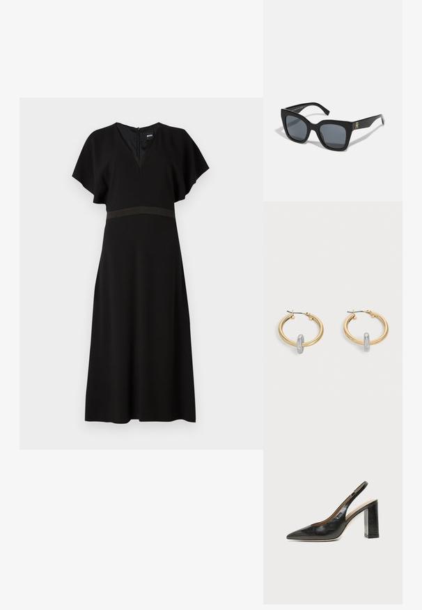 Schwarzes Kleid mit V-Ausschnitt, kurzen, schwingenden Ärmeln und einem kontrastierenden horizontalen Band in der Taille. Aus einem glatten, fließenden Stoff gefertigt.; Schwarzer Leder-Slingback-Schuh mit spitzer Kappe, hohem Blockabsatz und beigegefüttertem Innenraum vor hellem, einfarbigem Hintergrund.; Schwarze Sonnenbrille mit einer markanten quadratischen Form, ausgestattet mit dunklen Gläsern und einem goldenen Logoakzent an einem Bügel. Hergestellt aus glänzendem Kunststoffmaterial.; Paar goldfarbene Creolen mit kleinem silberfarbenem Schlaufen-Detail an jeder, vor hellem grauem Hintergrund präsentiert.