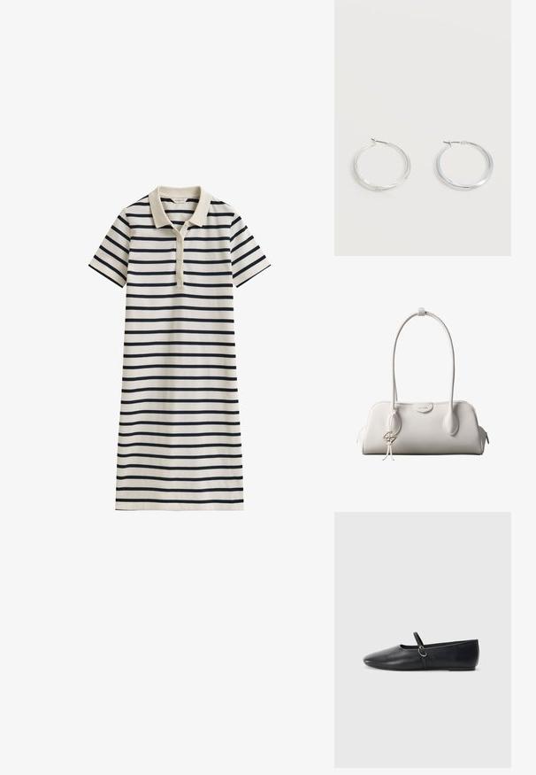 Robe polo à manches courtes rayée crème et marine avec un col et trois boutons sur la patte de boutonnage avant.; Ballerines noires en cuir avec un bout pointu, une semelle plate et une petite sangle avec un détail de boucle en argent.; Sac à bandoulière blanc Calvin Klein avec longues poignées, forme rectangulaire, fermeture éclair et charm logo décoratif suspendu près de la poignée.; Boucles d’oreilles créoles en métal argenté avec une surface lisse légèrement incurvée et des fermoirs à clapet sur un fond blanc uni.