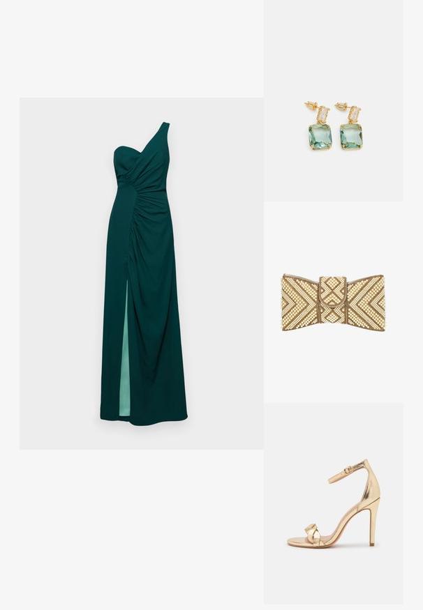Groene, een-schouder jurk met geplooide details bij de buste en zijkant. Heeft een hoge split tot boven de dij en een soepel vallende stof. Glad van textuur.; Anna Field Sandalen met hoge hak - gold; Clutch tas in de vorm van een strik, versierd met gouden kralen en crèmekleurige parels in geometrische patronen op een witte achtergrond.; Gouden oorbellen met een rechthoekige aqua-groene steen en een kleinere heldere steen erboven, gezet in een pronged ontwerp.
