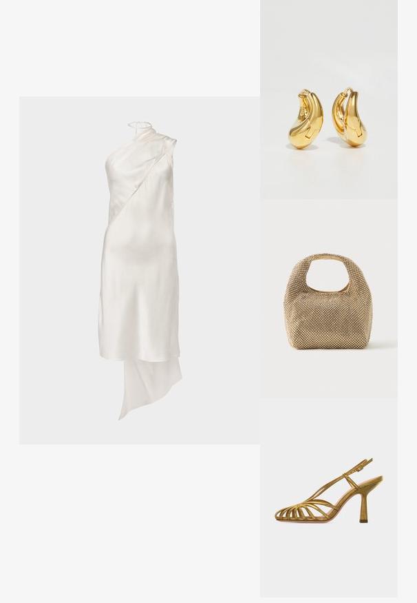 Weißes Satin-Kleid mit asymmetrischem Design, featuring einen schulterfreien Ausschnitt und einem fließenden Saum. Glatte Textur und minimale Hardware-Details.; Goldfarbene Riemchen-Sandale mit hohem Absatz, offenem Zehenbereich, verstellbarem Knöchelriemen und mittelhohem, konischem Absatz, seitlich auf weißem Hintergrund gezeigt.; Kleine Handtasche in Gold-Ton, bedeckt mit glänzenden runden Nieten, mit kurzem Griff und rechteckigem Ausschnitt oben.; Goldene Creolen mit einer glatten, geschwungenen Form und polierter Oberfläche. Mit einem Verschlussmechanismus und leichten Einkerbungen für Details.