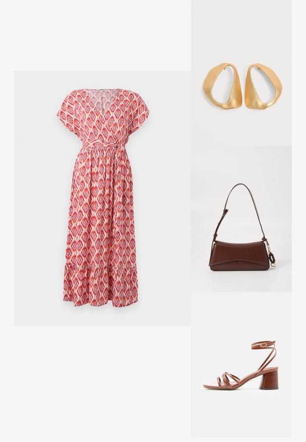 Robe maxi avec décolleté en V, manches courtes et taille cintrée. Fabriquée en tissu léger avec un motif en losanges rouge et rose, et ourlet à volants.; Sandale marron à brides avec talon bloc et boucle à la cheville, design minimaliste, texture en cuir lisse, vue de côté sur fond uni.; Sac à main en cuir marron avec une silhouette incurvée, une seule sangle et des garnitures en or. Il présente un accent tressé et une texture lisse et mate.; Paire de boucles d’oreilles créoles en or irrégulières et asymétriques avec une finition lisse et mate sur un fond neutre.